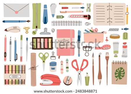 Vector illustration of stationery, cartoon collection of school and office supplies. Set of pencils, pens, notebooks. Flat doodles of rulers, highlighters, tools for art, education and organization