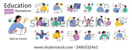 Education vector illustrations set, school children scenes. Studying, exams, homework, academic life, classroom activities collection. Students reading, writing, doing science, math. Back to school