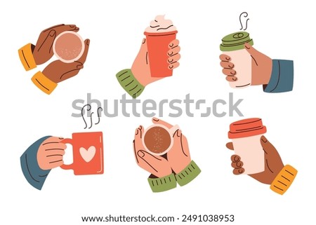 Coffee hands collection, vector illustration in flat cartoon style. Hands holding coffee cups, cozy mugs, to-go cups, warm drinks. Takeaway beverages in autumn, fall and winter themes