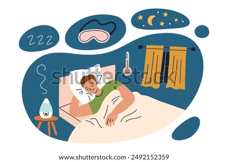 Man sleeping in bedroom with blackout curtains, humidifier, comfortable temperature, sleep hygiene concept. Sleep environment vector illustration, flat cartoon style. Comfortable bedroom space