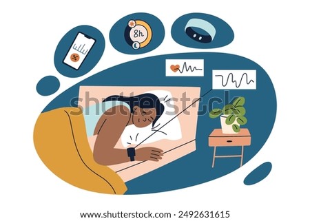 Woman sleeping in bed with fitness tracker, sleep tracking vector illustration, sleep cycles analysis, healthy lifestyle concept. Composition in flat cartoon style. Wearables for sleep hygiene