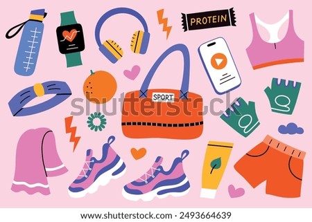 Set of fitness and sport accessories for women, gym bag, shoes, clothing, and equipment. Vector illustration in flat style, for active female lifestyle and workout themes