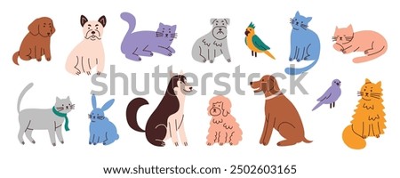 Vector illustration set of cute pets, collection of cats, dogs, parrots. Domestic animals, rabbit icon. Adorable husky, bulldog, schnauzer, doberman, siberian cat. Flat cartoon style for pet care