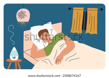 Sleeping man vector illustration, flat cartoon scene of cozy bedroom with humidifier on nightstand. The serene home interior, night light and curtains, relaxing atmosphere, healthy sleep environment