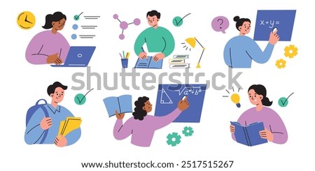 Education vector illustration set with students studying, reading, solving math problems, using laptops. Flat cartoon style, perfect for school, academic, or learning process designs and concepts