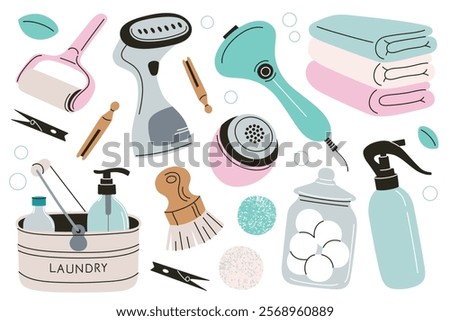 Laundry tools set, vector illustrations in flat cartoon style. Collection of cleaning supplies, steamer, lint roller, brushes, spray bottle, towels, detergent, and basket. Garment care pastel doodles