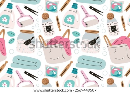 Seamless laundry pattern, vector illustrations in flat cartoon style, detergent bottles, clothespins, laundry baskets, washing powder, doodle capsules for washing, and lint rollers