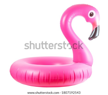 Flamingo print. Pink pool inflatable flamingo for summer beach isolated on white background. Minimal summer concept.