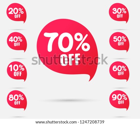 Sale tags set vector badges template, 10 off, 20 %, 90, 80, 30, 40, 50, 60, 70 percent sale label symbols, discount promotion flat icon with long shadow, clearance sale sticker emblem red rosette