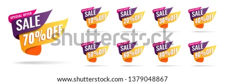 Sale tags set vector badges template, 10 off, 20 %, 90, 80, 30, 40, 50, 60, 70 percent sale label symbols, discount promotion flat icon with long shadow, clearance sale sticker emblem red rosette