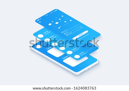 UI UX Flowchart Isometric Design. illustration of smartphone, mobile app or website wireframe with multiple option. Vector