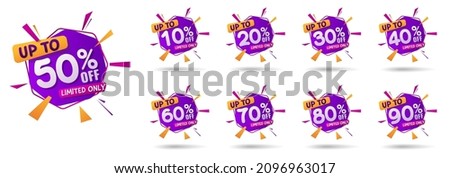 Sale tags set vector badges template, up to 10, 20, 90, 80, 30, 40, 50, 60, 70 percent off, vector illustracion.