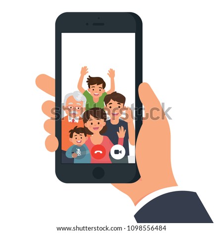 a family group have a video call together, mother, kids, boys, father, grandfather in a smartphone