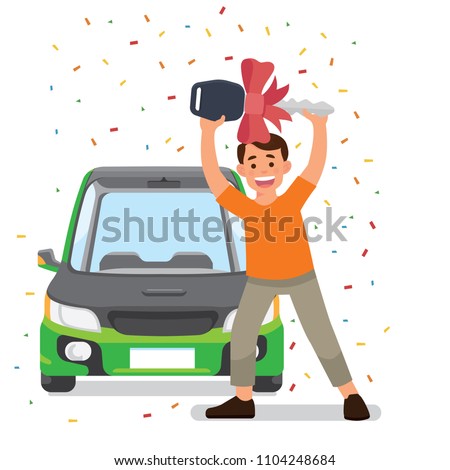 vector illustration a happy man win a car. a surprise man get door prize win a new car. winner a new car. man holding key car with ribbon
