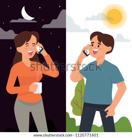 vector illustration of couples have long distance relationship. boy and girl make a phone call together