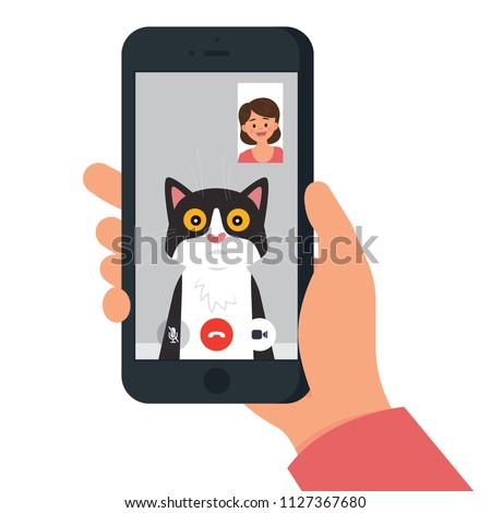vector illustration person having video call with her cat, people video call with their pet