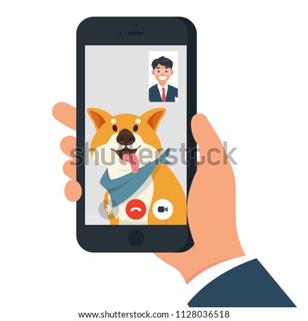 vector illustration person having video call with his dog, people video call with their pet