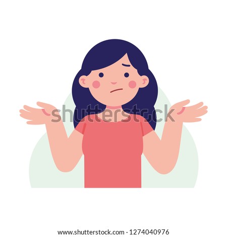 Woman lift her hand with confused face, a girl puzzled and confused 