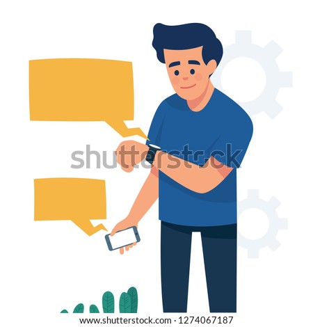 Man standing and looking at his smartwatch, man standing and looking at a notification at his smartwacth from his phone, Synchronisation and paring between smartwatch and smartphone, vector flat