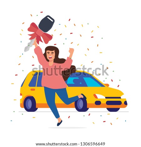 vector illustration a happy woman win a car.  surprise woman get door prize win a new car. winner a new car. Woman holding key car with ribbon