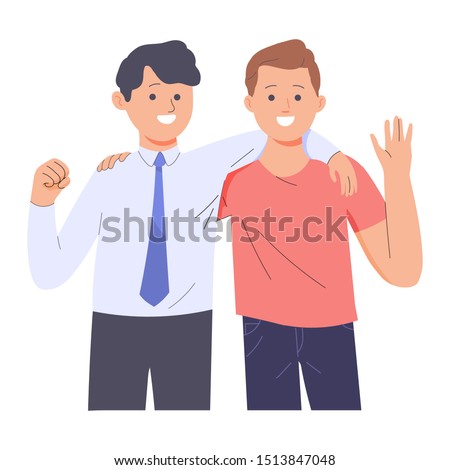 two men are close friends and embrace each other, two men are friends despite different occupations and habits, character people vector illustration