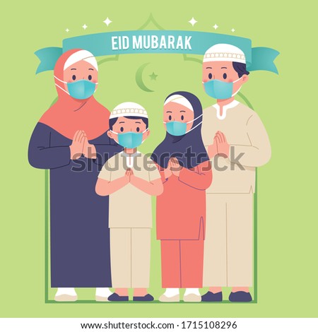 family greeting eid Mubarak using face mask during coronavirus outbreak Imagine de stoc © 
