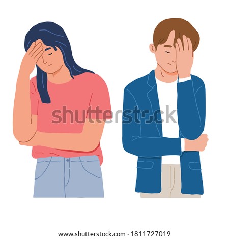 Portrait of a man and woman with a gestures facepalm because headache shame and disappointment in vector flat illustration cartoon style