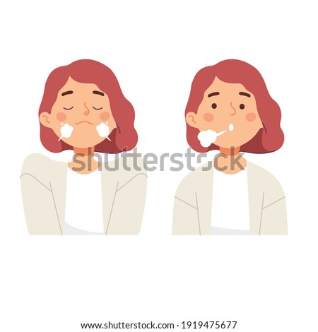 women doing inhale exhale breath exercise for calm stress relief in vector cartoon flat style illustration