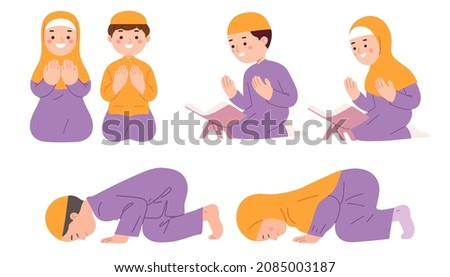 
illustration of the character of a Muslim girl and boy doing worship in Islam