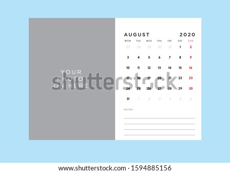 calendar 2020 template in custom size. All day is holiday