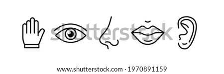 Human senses 5 five types. Vision through eye, smell with nose, taste with tongue line icon set. ENT Otolaryngologist ophthalmologist. Vector illustration on white background