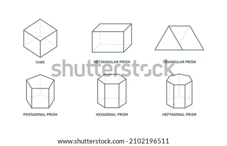 Prism line icon set. Geometrical polygonal figures. Cube Rectangular Triangular  Pentagonal  Hexagonal Heptagonal Prism. Vector illustration