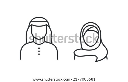 Saudi People line icon. Man and Woman in traditional Muslim shemakh head scarf. Arab couple outline shape. Vector illustration  editable stroke