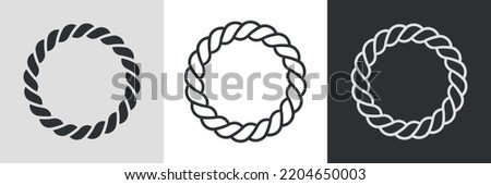 Rope round frames. Set of circle border cord silhouette, line art and inversion. Seamless wreath circle shape. Jewelry design, text frame. Hair scrunchy. Vector illustration