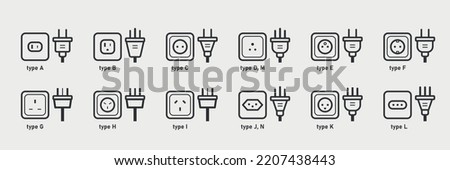 Different type power socket and plug set. World standards. AC power connector, American and European types of electric equipment. Vector illustration 