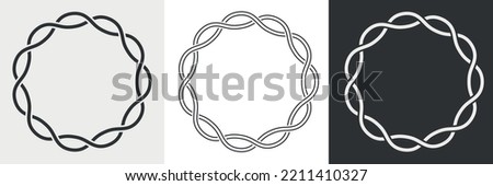 Decorative round frames. Set of circle border cord silhouette, line art and inversion. Symmetry chain logo. Spiral, hair scrunchy. Vector illustration