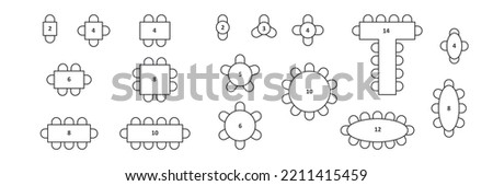 Set of plan seats in restaurant or home top view. Chairs and tables line icons. Scheme, blueprint, architectural plan. Vector illustration on white background