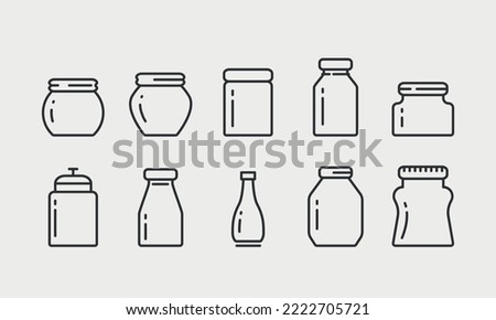 Glass bottle and jars line icons. Container for jelly, confiture, sauce, homemade conserve. The signs for food store. Editable Strokes. Vector illustration