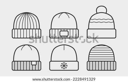 Wool beanie caps line icon set. Winter knitted hats. Thin line art  Editable Stroke. Vector illustration