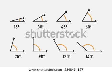 Various angles icon set. 15, 30, 45, 60, 75, 90, 120, 150 degree. Geometric symbol. Mathematical elements. Vector illustration