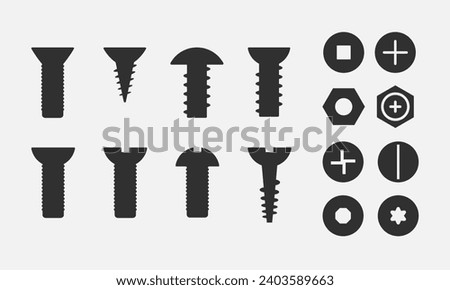 Screws black icon. Bolt, nut, wall plug. Vector