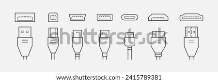 Cable connectors and plugs line icons set . USB, HDMI, ethernet icon set. Mini, micro, lightning, type A, B, C connectors. Vector illustration white background