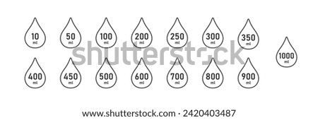 Scale for ingredient infographic. A drop of liquid with a value between 10 and 1000 milliliters. Measure of volume line icon set. Water Capacity symbols. Vector illustration