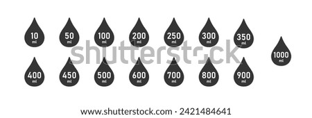 Liter l sign (l-mark) estimated volumes. Drop liquid, fluid volume. Capacity symbols. Scale for liquid or ingredient. Vector illustration