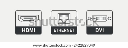 HDMI, ETHERNET, DVI port sticker. Cable connector outline icon pack. Vector illustration