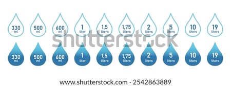 Water Capacity symbols between 330 millilite and 19 litres. A drop of liquid with a value. Measure of volume.  Vector illustration