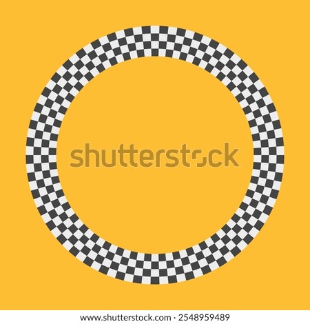 Circle race flag. Checker board geometric pattern. Round race frame. Vector illustration on yellow background