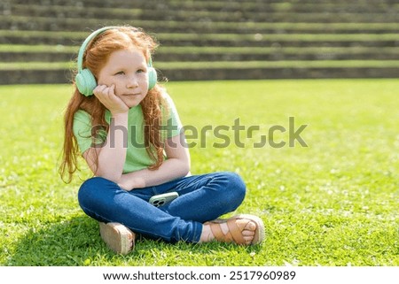 Similar – Image, Stock Photo Peaceful child daydreaming while lying on horse