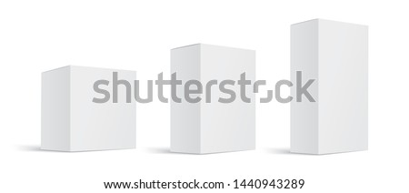 Mock up white cardboard box. Set of cosmetic or medical packaging. Set of Blank white product packagings boxes isolated on white background. Vector illustration