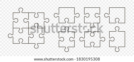 Puzzle pieces vector set. Separate puzzle pieces with the ability to change the thickness of the lines. Puzzle isolated on transparent background. Vector